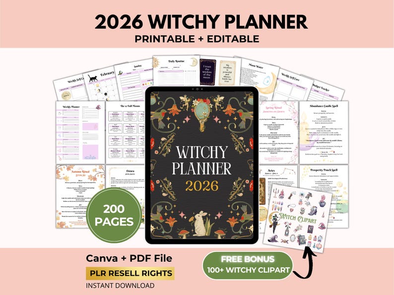 May include: A digital 2026 Witchy Planner with a black cover featuring a decorative border and the text "Witchy Planner 2026". The image includes planner pages, a bonus of 100+ witchy clipart, and the text "Printable + Editable".