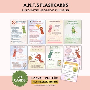 Op de afbeelding: Een set A.N.T.S. Flashcards voor Automatisch Negatief Denken, met geïllustreerde mieren en tekst. De kaarten behandelen onderwerpen als Excuse Eli, Blow-Up Ben en Catastrophe Cathy. De afbeelding bevat ook een groene cirkel met de tekst "28 kaarten".