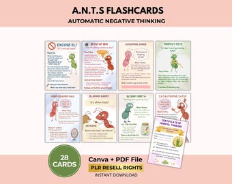 May include: A set of A.N.T.S. Flashcards for Automatic Negative Thinking, featuring illustrated ants and text. The cards cover topics like Excuse Eli, Blow-Up Ben, and Catastrophe Cathy. The image also includes a green circle with the text "28 Cards".