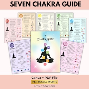 Puede incluir: Un conjunto de siete guías de chakras, cada una con información detallada e ilustraciones. La guía central presenta una figura meditando con símbolos de chakras. Las guías son de varios colores, con el texto "SEVEN CHAKRA GUIDE".