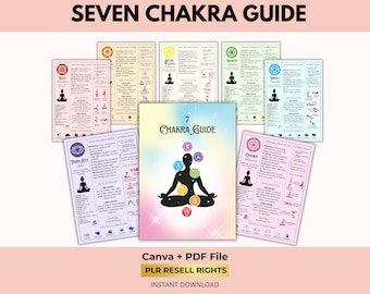 Sieben Chakra Ratgeber, Chakra Spickzettel, Ausgleichende Yoga Posen, Kristalle & Edelsteine, PLR Resell Rechte, Canva