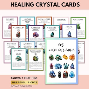 65 tarjetas informativas sobre el significado de cristales y piedras preciosas con derechos de reventa PLR, guías de sanación y bienestar, Canva + PDF