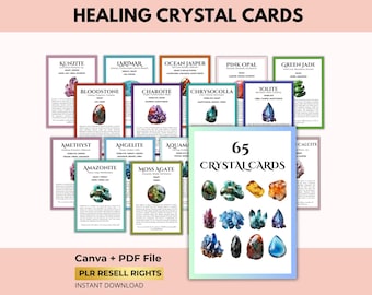 May include: A collection of 65 healing crystal cards with various gemstones, including amethyst, rose quartz, and jade. The cards are arranged on a light pink background, with the text "HEALING CRYSTAL CARDS" at the top. The image also includes the text "Canva + PDF File" and "PLR RESELL RIGHTS".