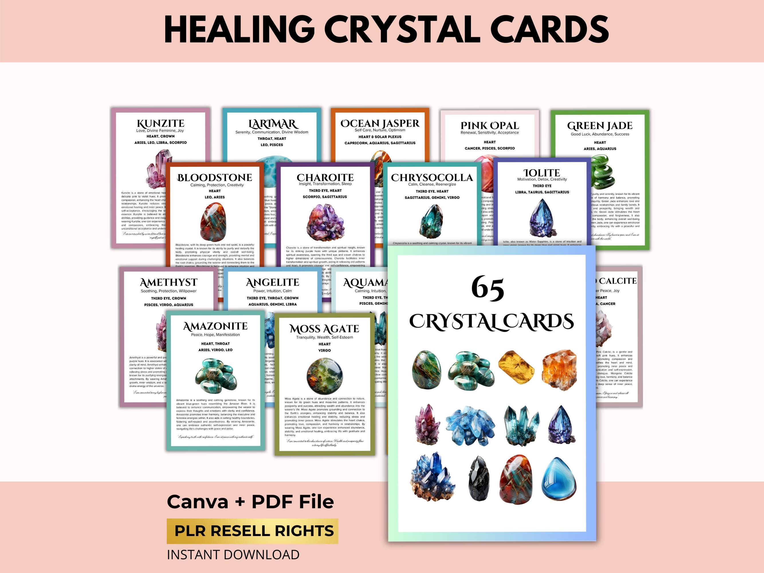 クリスタルと宝石の意味情報カード65枚（PLR再販権付き）、ヒーリング＆ウェルネスガイド、Canva + PDF - Etsy 日本
