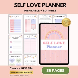 May include: A digital self-love planner with a pink and pastel color scheme. The planner includes sections for weekly goals, daily routines, self-esteem journaling, and self-love checklists. The text "SELF LOVE PLANNER" is displayed prominently.
