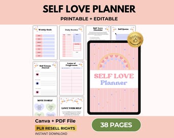 Puede incluir: Un planificador digital de amor propio con un esquema de color rosa y pastel. El planificador incluye secciones para objetivos semanales, rutinas diarias, diario de autoestima y listas de verificación de amor propio. El texto "SELF LOVE PLANNER" se muestra de forma destacada.