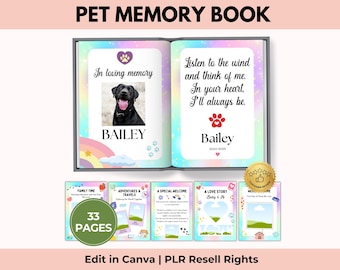 Canva-sjabloon voor huisdiergeheugenboek, fotoalbum hond en kat, rouwdagboek huisdierverlies, PLR doorverkooprechten