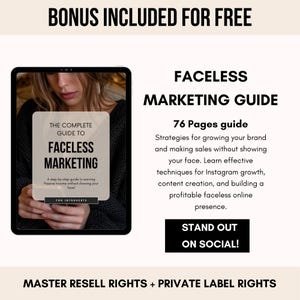 Peut inclure: Un guide de marketing num&eacute;rique intitul&eacute; "FACELESS MARKETING GUIDE" sur une tablette. Le guide promet des strat&eacute;gies pour la croissance Instagram et la cr&eacute;ation de contenu. Le texte "BONUS INCLUDED FOR FREE" est en haut, et "STAND OUT ON SOCIAL!" en bas.