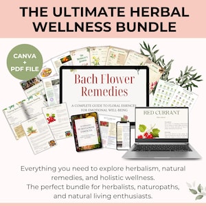 Pu&ograve; includere: Un pacchetto benessere digitale con il testo "THE ULTIMATE HERBAL WELLNESS BUNDLE". L'immagine include un laptop, un tablet e uno smartphone che mostrano informazioni sui rimedi erboristici. Sono visibili anche varie guide stampate.