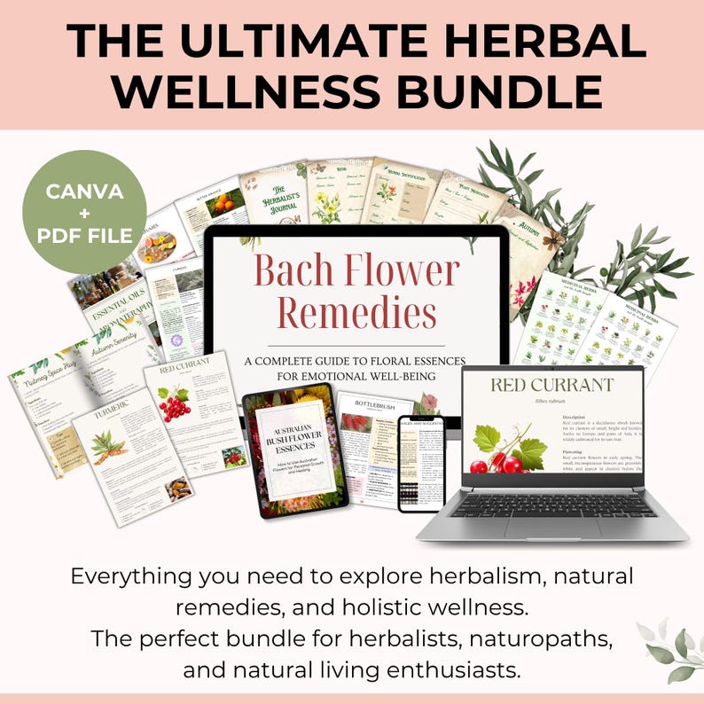 Pu&ograve; includere: Un pacchetto benessere digitale con il testo "THE ULTIMATE HERBAL WELLNESS BUNDLE". L'immagine include un laptop, un tablet e uno smartphone che mostrano informazioni sui rimedi erboristici. Sono visibili anche varie guide stampate.