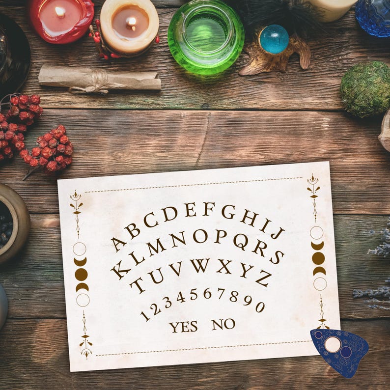 May include: A vintage-style Ouija board with the alphabet, numbers, and the words "YES" and "NO" printed on it. The board is surrounded by candles, a crystal ball, and other mystical items on a wooden surface.