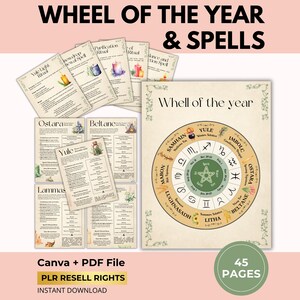 May include: A collection of printable pages with the text "WHEEL OF THE YEAR & SPELLS". The image includes a circular chart with astrological symbols and seasonal names, along with several smaller pages with text and illustrations. The words "Canva + PDF File" and "45 PAGES" are also visible.