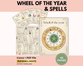 Wheel of The Year and Spells Guide with PLR Resell Rights, Sabbats, Witchcraft Spellbook, Wicca Digital, Grimoire, Canva + PDF