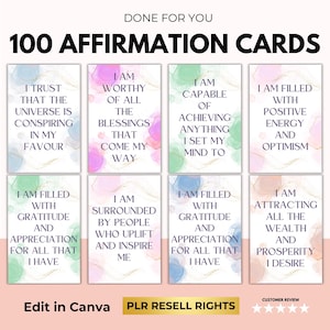 Carte di affermazione positiva con diritti di rivendita PLR, mazzo di carte digitali di affermazione stampabili, carte di consapevolezza e motivazionali, modifica Canva