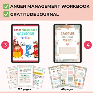 May include: An Anger Management Workbook and a Gratitude Journal for Kids are displayed. The workbook has 120 pages and features illustrations of a boy and a firefighter. The journal has 40 pages and includes a heart icon.