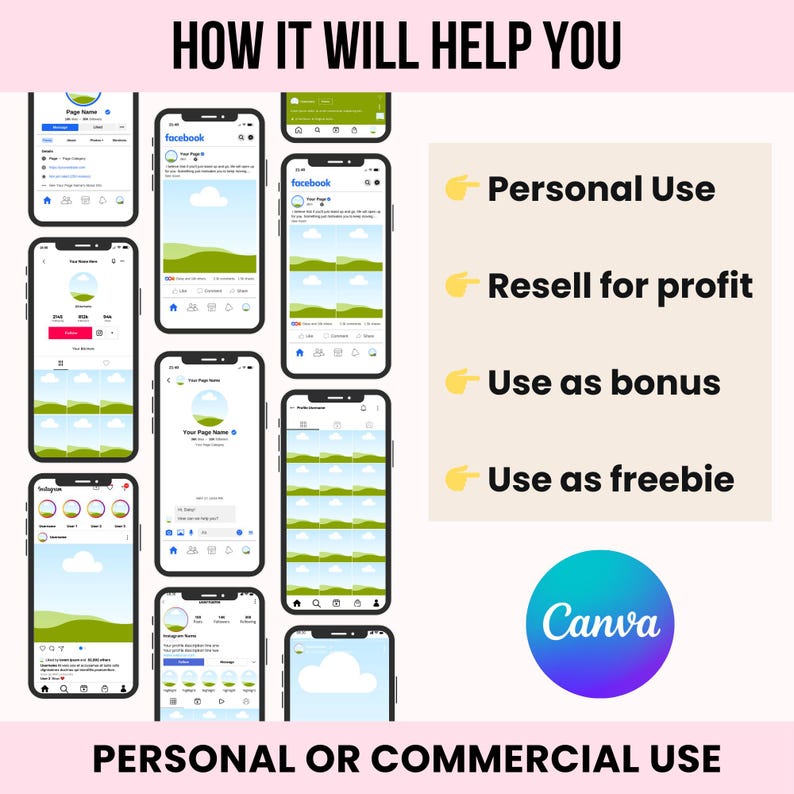 May include: A digital image showing a variety of ways to use a social media template. The image shows a phone screen with a social media post template. The text on the image says "HOW IT WILL HELP YOU" and lists ways to use the template, including "Personal Use", "Resell for profit", "Use as bonus", and "Use as freebie". The image also includes the Canva logo.