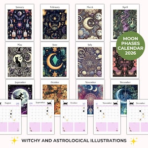 May include: A 2026 moon phases calendar featuring witchy and astrological illustrations. Each month showcases unique artwork with celestial and mystical themes. The calendar includes a variety of colors and designs, with the text "WITCHY AND ASTROLOGICAL ILLUSTRATIONS".