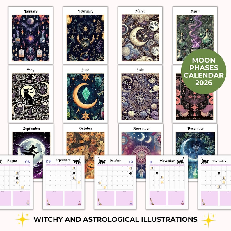 May include: A 2026 moon phases calendar featuring witchy and astrological illustrations. Each month showcases unique artwork with celestial and mystical themes. The calendar includes a variety of colors and designs, with the text "WITCHY AND ASTROLOGICAL ILLUSTRATIONS".