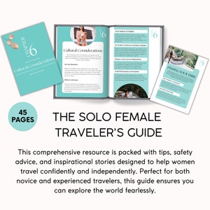 May include: A teal blue and white guidebook titled "The Solo Female Traveler's Guide" with a cover image of a woman sitting on a bench. The book is open to a chapter titled "Cultural Considerations" and has a page count of 45 pages.