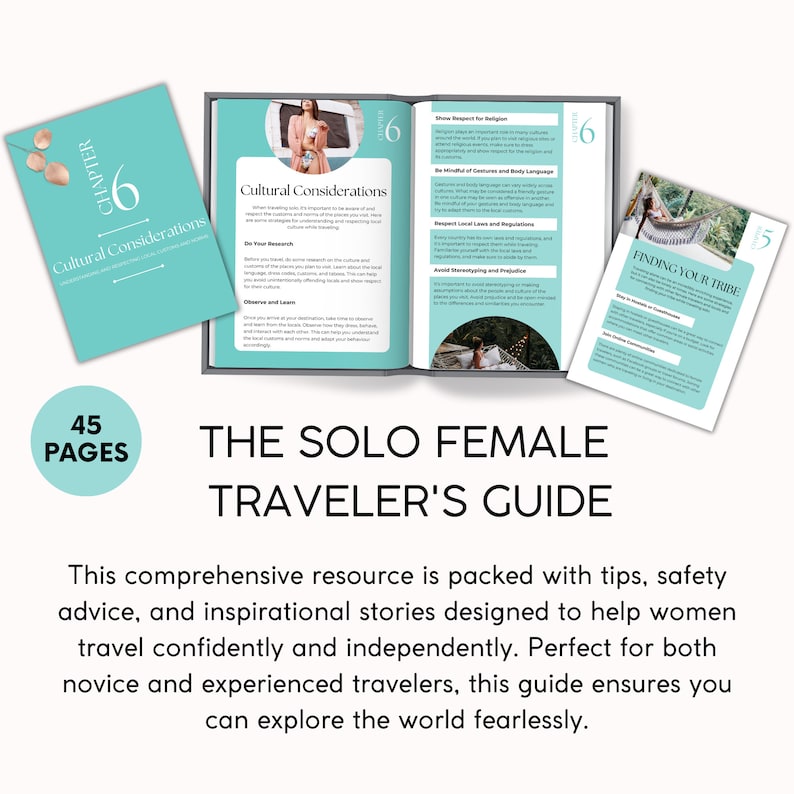 May include: A teal blue and white guidebook titled "The Solo Female Traveler's Guide" with a cover image of a woman sitting on a bench. The book is open to a chapter titled "Cultural Considerations" and has a page count of 45 pages.