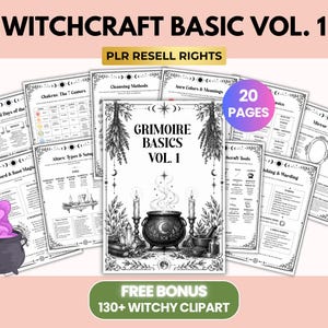 以下が含まれることがあります： PLR再販権付きの「Witchcraft Basic Vol. 1」と題された20ページのコレクション。文書には、大釜、キャンドル、ハーブの白黒イラストが描かれており、オーラの色、鏡の魔法、祭壇などのトピックに関するテキストが含まれています。
