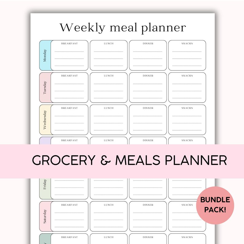 May include: A printable weekly meal planner with a colorful design. The planner includes sections for breakfast, lunch, dinner, and snacks for each day of the week. The text "Grocery & Meals Planner" is printed in bold at the bottom of the page.