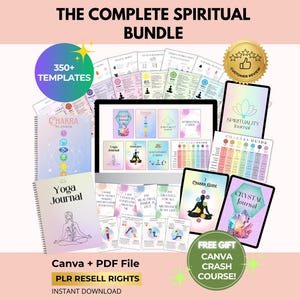 Puede incluir: Un conjunto de plantillas espirituales, que incluyen diarios y guías. La imagen presenta una computadora portátil, tabletas y materiales impresos con títulos como "Chakra Planner" y "Yoga Journal". El texto incluye "350+ TEMPLATES" y "Canva + PDF File".