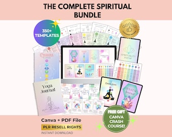 May include: A collection of spiritual and wellness templates, including journals, guides, and planners. The image features a laptop, tablets, and printed materials with titles like "Chakra Planner" and "Yoga Journal." The text includes "350+ TEMPLATES" and "Canva + PDF File."