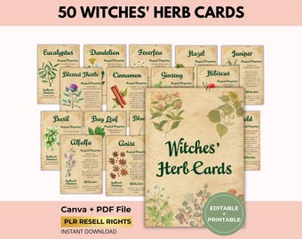 50 Witches' Herb Cards, Printable Grimoire Pages, Magical Properties, Spellwork Intentions, Canva + PDF