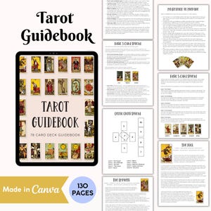 May include: A digital tablet displaying a Tarot Guidebook cover with 78 card deck illustrations, alongside several printed pages detailing meditation techniques, a 3-card spread, a 5-card spread, a Celtic Cross spread, and card meanings.