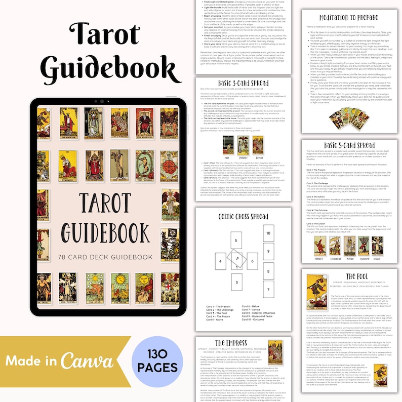 May include: A digital tablet displaying a Tarot Guidebook cover with 78 card deck illustrations, alongside several printed pages detailing meditation techniques, a 3-card spread, a 5-card spread, a Celtic Cross spread, and card meanings.