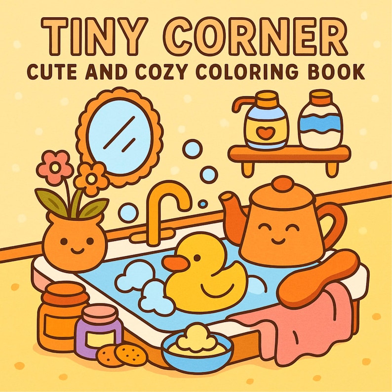 Pode incluir: Ilustra&ccedil;&atilde;o para um livro de colorir intitulado "Tiny Corner: Cute and Cozy Coloring Book". A imagem apresenta uma cena de banho com um patinho de borracha amarelo, uma chaleira e produtos de banho. A paleta de cores &eacute; quente e convidativa.