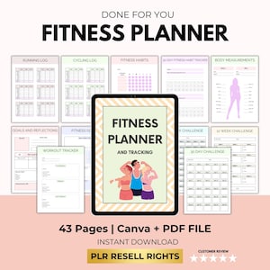 Peut inclure: Un planificateur de fitness numérique avec une tablette noire affichant le titre "Fitness Planner and Tracking" avec des illustrations de personnes faisant de l'exercice. Autour de la tablette se trouvent diverses pages de suivi de la condition physique, notamment des journaux de course, des trackers d'entraînement et des tableaux de mesures corporelles.