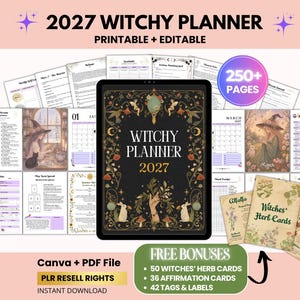 Puede incluir: Un planificador Witchy digital de 2027 con una cubierta negra y el texto "Witchy Planner 2027", rodeado de páginas imprimibles. La imagen incluye calendarios, tarjetas de hierbas y ofrece bonificaciones gratuitas como tarjetas de hierbas y afirmaciones.