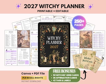 May include: A 2027 digital witchy planner displayed on a tablet screen, surrounded by various printable planner pages, including monthly calendars, herb cards, and trackers. The cover features a black background with gold botanical illustrations, rabbits, and a hand. Text includes 250+ PAGES, CANVA + PDF FILE, and PLR RESELL RIGHTS.
