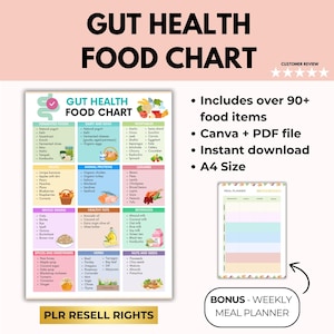 Gut Health Food Chart List with PLR Resell Rights, Anti-Inflammatory Meal Plan Diet, Microbiome Diet PLR, Printable Food List, Canva + PDF