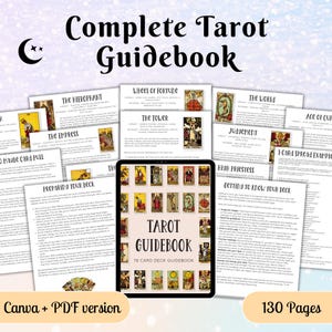 May include: A digital tablet displaying a Tarot Guidebook cover with 78 card images, surrounded by multiple printed pages of tarot card meanings, spread examples, and deck preparation instructions. The text reads Complete Tarot Guidebook.