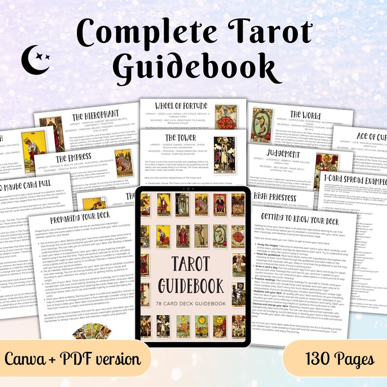 May include: A digital tablet displaying a Tarot Guidebook cover with 78 card images, surrounded by multiple printed pages of tarot card meanings, spread examples, and deck preparation instructions. The text reads Complete Tarot Guidebook.