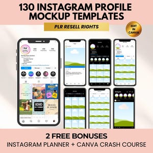 Può includere: Immagine che mostra 130 modelli di mockup di profili Instagram. Il design include diversi mockup di smartphone che mostrano vari layout di profili Instagram. Il testo include "PLR RESELL RIGHTS" e "EDIT IN CANVA".