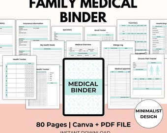 Afdrukbare medische familiemap, gezondheidstracker van 80 pagina's, minimalistisch ontwerp, canva- en pdf-bestand, direct downloaden, PLR