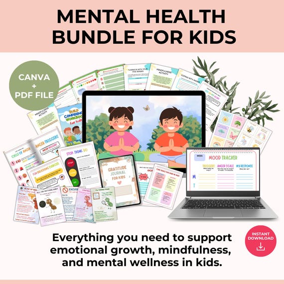 Kids Mental Health Bundle, Mindfulness, Happiness, Self Love, Anxiety, Trauma, Grief, Gratitude, Anger Canva, PLR Digital Product