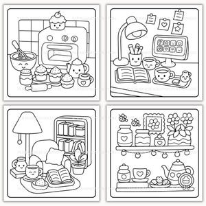 Pode incluir: Quatro ilustra&ccedil;&otilde;es em preto e branco de cenas aconchegantes. Uma mostra uma cozinha com utens&iacute;lios de panifica&ccedil;&atilde;o e cupcakes. Outra retrata uma mesa com um computador e x&iacute;caras de caf&eacute;. A terceira mostra um canto de leitura e a &uacute;ltima uma prateleira com potes e uma chaleira.