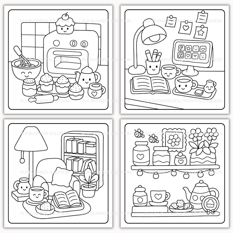 Pode incluir: Quatro ilustra&ccedil;&otilde;es em preto e branco de cenas aconchegantes. Uma mostra uma cozinha com utens&iacute;lios de panifica&ccedil;&atilde;o e cupcakes. Outra retrata uma mesa com um computador e x&iacute;caras de caf&eacute;. A terceira mostra um canto de leitura e a &uacute;ltima uma prateleira com potes e uma chaleira.