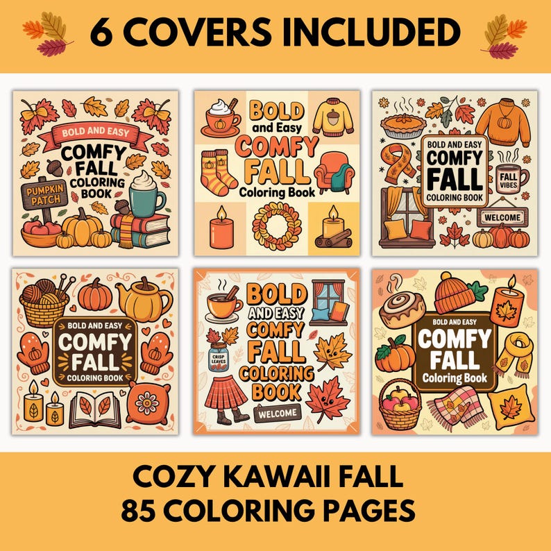 Op de afbeelding: Zes "Comfy Fall" kleurboekcovers met herfstillustraties. Elke cover toont gezellige herfstafbeeldingen zoals pompoenen, truien en mokken. De tekst "Cozy Kawaii Fall" en "85 kleurplaten" worden ook weergegeven.