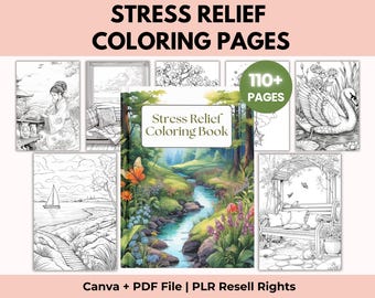 May include: A collection of coloring pages with the text "STRESS RELIEF COLORING PAGES" and "Stress Relief Coloring Book". The images include a woman, a landscape, a swan, and other detailed illustrations. The image also includes the text "110+ PAGES".