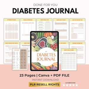 May include: A digital diabetes journal, featuring a tablet with a vibrant image of fruits and vegetables. The journal includes sections for medical appointments, meal plans, and blood sugar tracking. The text reads "My Diabetes Journal" and "23 Pages | Canva + PDF File".