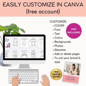 May include: A computer monitor displays a digital document with various illustrations. The text "EASILY CUSTOMIZE IN CANVA" is at the top. The image also includes a keyboard, mouse, and a "FREE CANVA GUIDE" badge.