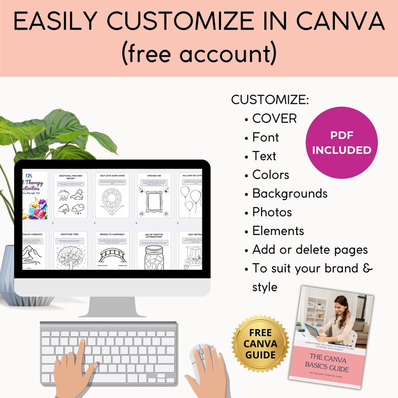 May include: A computer monitor displays a digital document with various illustrations. The text "EASILY CUSTOMIZE IN CANVA" is at the top. The image also includes a keyboard, mouse, and a "FREE CANVA GUIDE" badge.