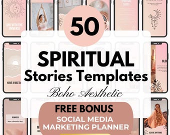 May include: A digital product mockup featuring 50 pink and white Instagram story templates with a boho aesthetic. The text "50 Spiritual Stories Templates" and "Boho Aesthetic" is displayed in black text. The text "FREE BONUS" is displayed in white text on a brown background. The text "SOCIAL MEDIA MARKETING PLANNER" is displayed in white text on a brown background. The text "MRR/PLR" is displayed in white text on a gold button.