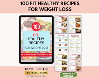 100 Fit-Rezepte zum Abnehmen & Muskelaufbau mit PLR Wiederverkaufsrechten, Gesunder Kaloriearmer Plan, Fettverbrennung Kochbuch, Canva + PDF